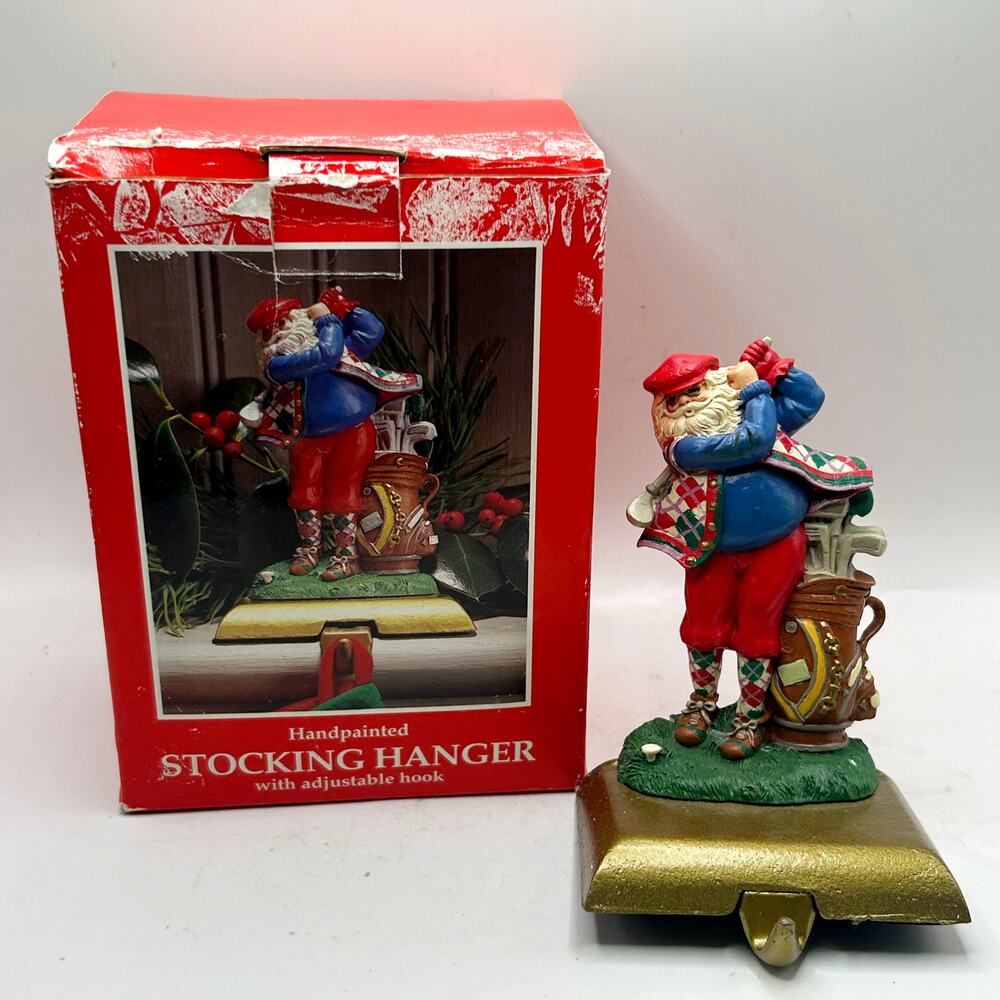 VTG HandPainted Potpourri Designs Golfing Santa Stocking Hanger w/Cast Iron Base